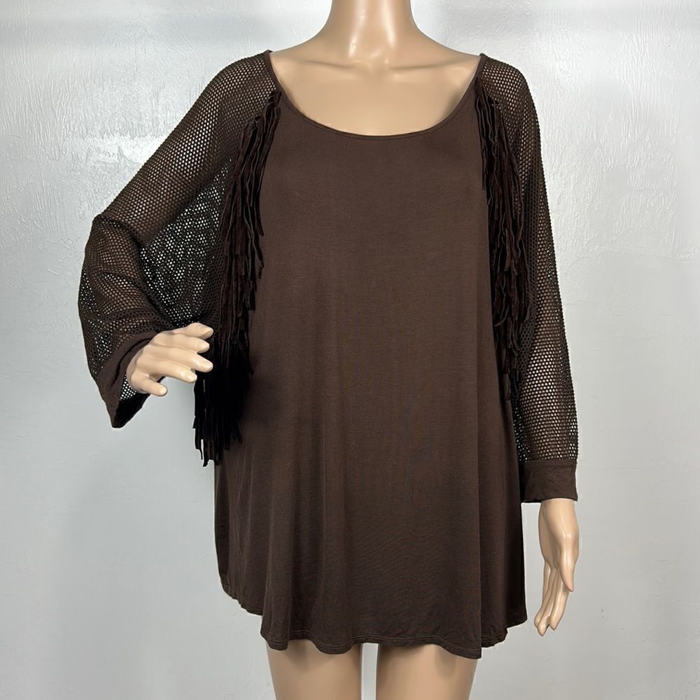 ‼️CleanOut‼️Cato Chocolate Brown Fringe Detail Eyelet 3/4 Sleeves Top Size 22/24